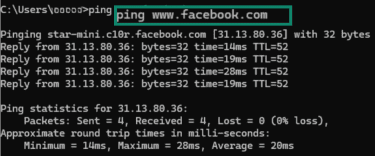 Type ping and enter the website you want to test.