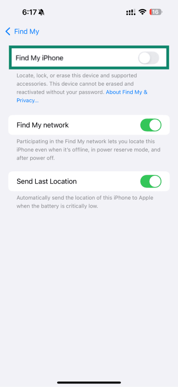 Screenshot showing Find My iPhone option