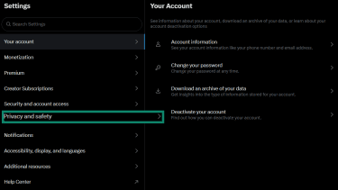 X Settings screen with Privacy and safety highlighted.