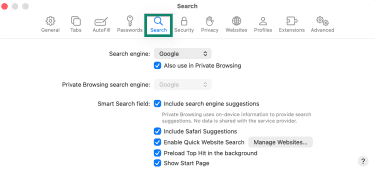 Search tab in Safari settings.