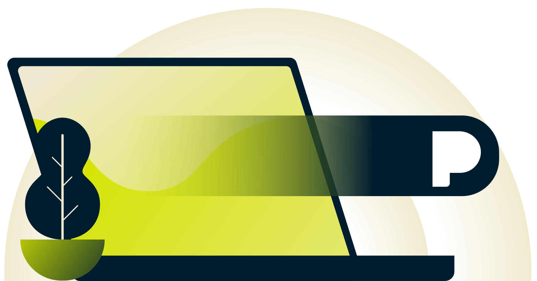 Gestikon med pandora-ikon, der går forbi en bærbar computer