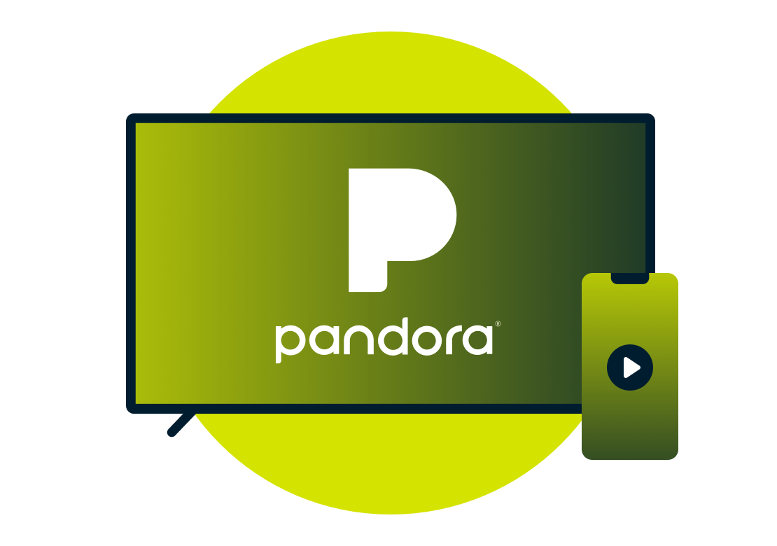 Fjernsynsskærm med Pandora-logo.