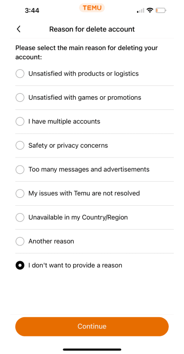 Temu reasons for deletion screen.