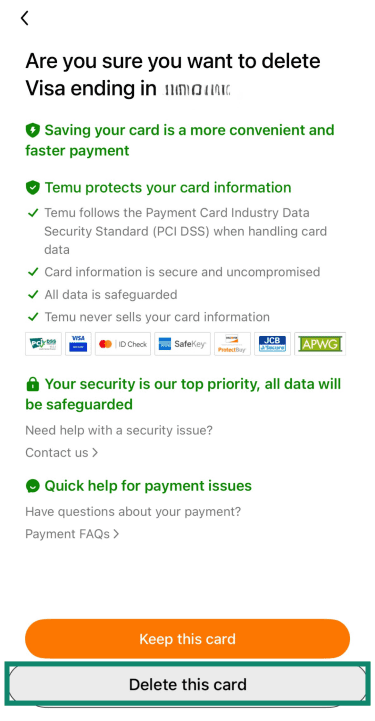 Temu payment methods deletion confirmation screen.