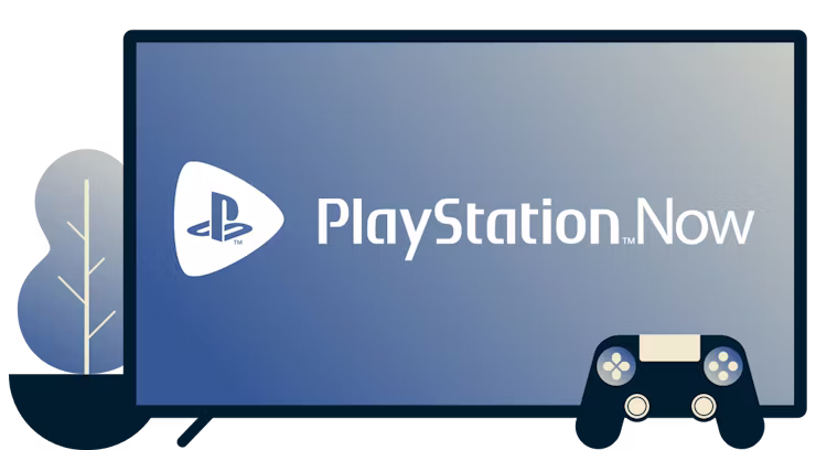 หน้าจอที่มีโลโก้ Playstation Now คอนโทรลเลอร์ และต้นไม้