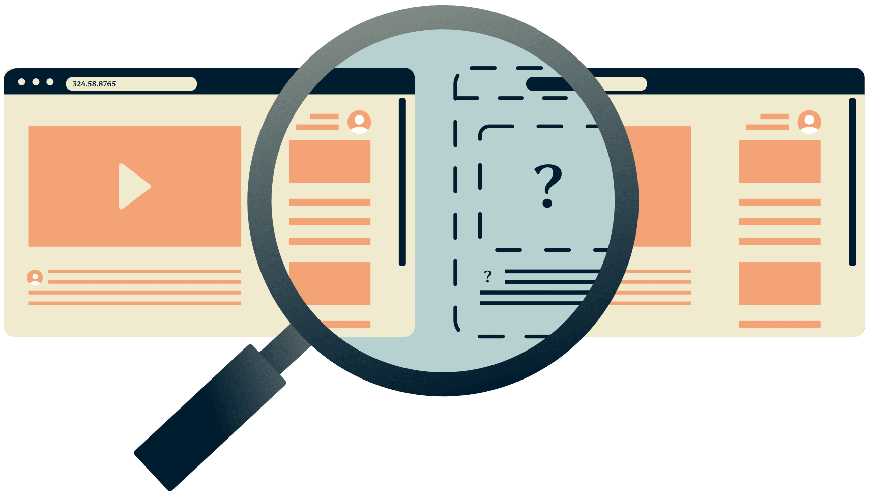 片方が隠れている2つのブラウザウィンドウの虫眼鏡。