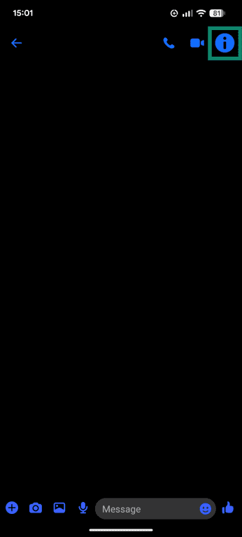 A Messenger chat window, showing the information button in the top corner.