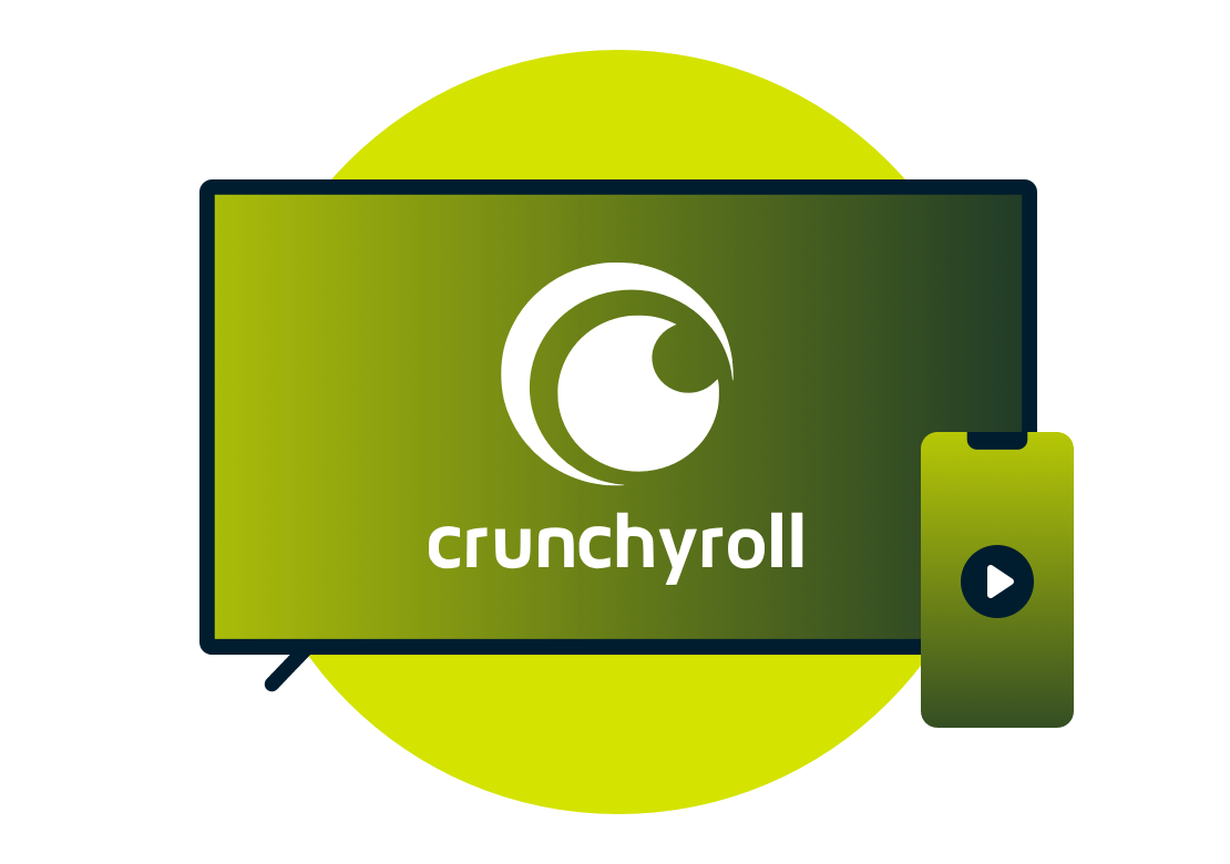 Televisioruutu ja Crunchyroll-logo.