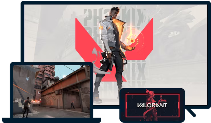 A laptop, smart TV, and phone with Valorant.