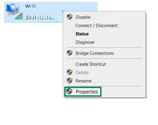 Properties option in Windows adapter options.