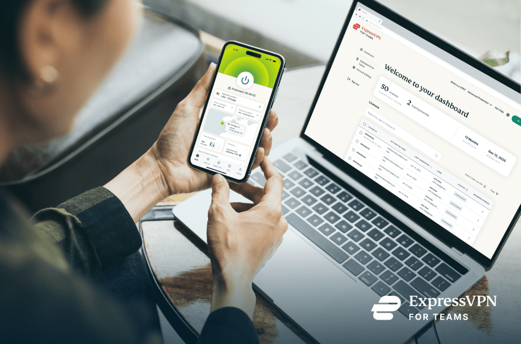 Employee activates ExpressVPN on smartphone with ExpressVPN for Teams admin dashboard on laptop below.