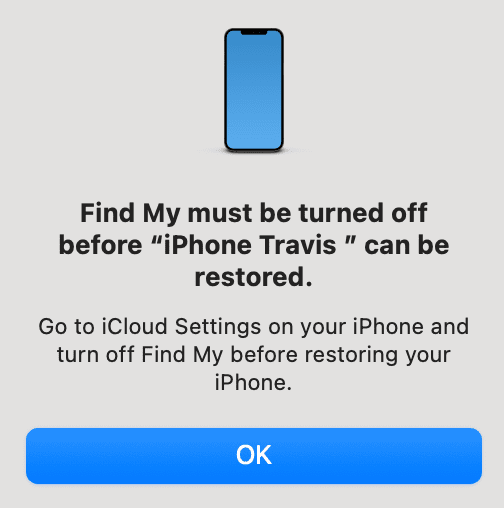 Mac prompt to turn off Find My iPhone.
