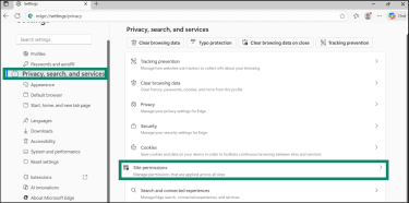 Microsoft Edge Privacy, search, and services settings with Site permissions option highlighted.