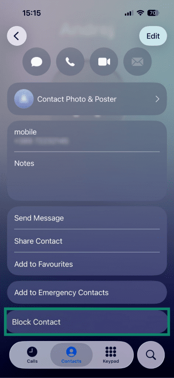 'Block Contact' option highlighted in iPhone.