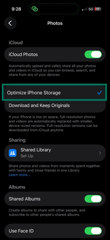 Photos settings with Optimize iPhone Storage enabled.