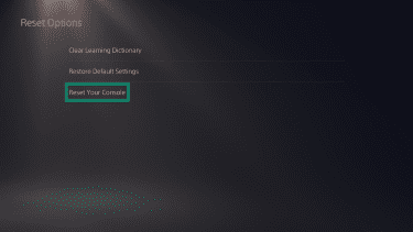 The "Reset Options" page on a PlayStation 5. The "Reset Your Console" option is highlighted.