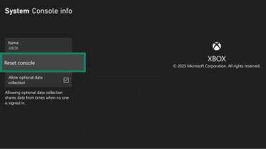 The Console Info page of the Xbox settings, showing the reset console button.