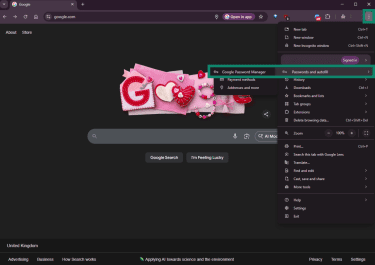 Google Chrome open showing how to access Google Password Manager in Settings