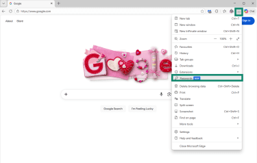 Microsoft Edge with Settings menu open and Passwords option highlighted