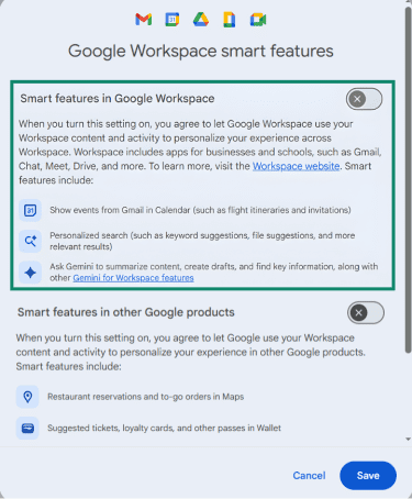 The Google workplace smart features menu found in Gmail, showing a toggled off state.