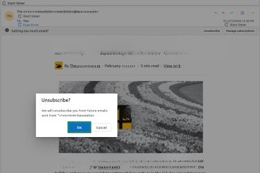 Outlook unsubscribe confirmation pop up with OK button highlighted.