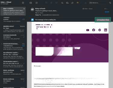 Apple Mail message showing the Unsubscribe button in the top-right corner.