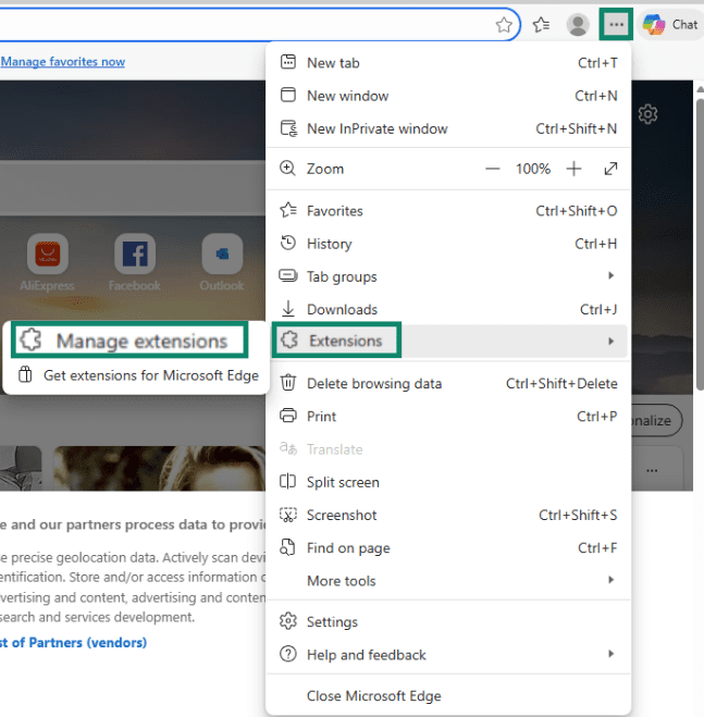 "Extensions" and "Manage extensions" options selected in the Microsoft Edge menu.