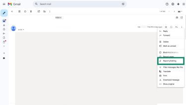 Gmail three-dot menu in the inbox, showing the "report phishing option.