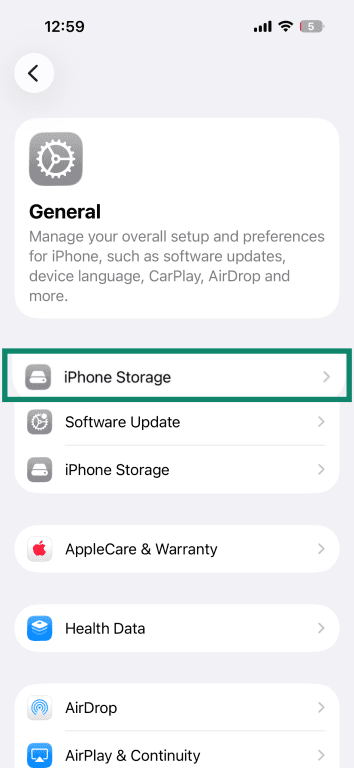 Finding iPhone storage settings.