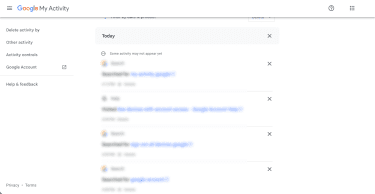 Google's My Activity page, showing a list of registered online activities.