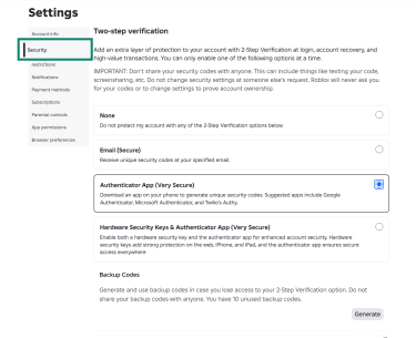 Roblox Two-step verification settings screen.