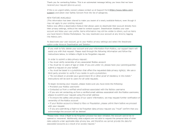 Roblox automated email confirming deletion request received.