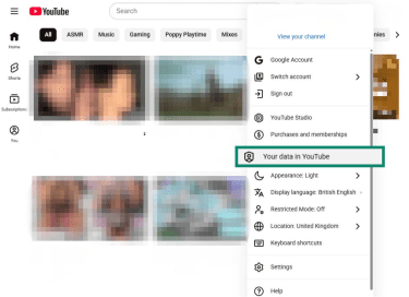 YouTube in browser with profile menu open and Your data in YouTube option highlighted