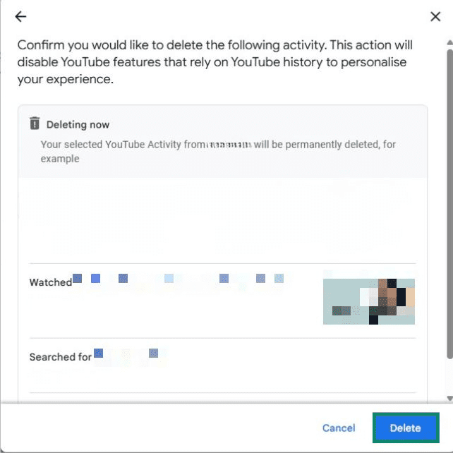YouTube History confirmation pop up that date range searches and history will be deleted