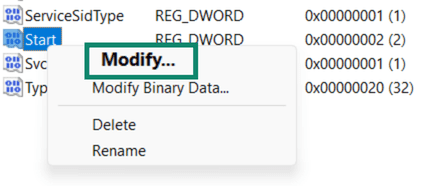 Windows RpcSs start menu with Modify highlighted.