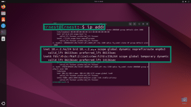 The ip addr command in a Linux terminal displaying detailed network interface information.
