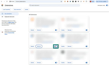 Chrome extensions page with one extension toggled off