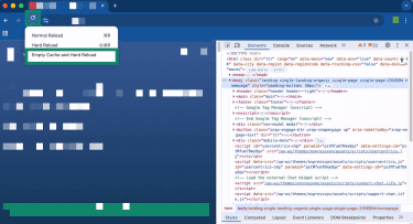 Chrome browser with Developers Tools opened, and an "Empty Cache and Hard Reload" option under the Refresh button highlighted.