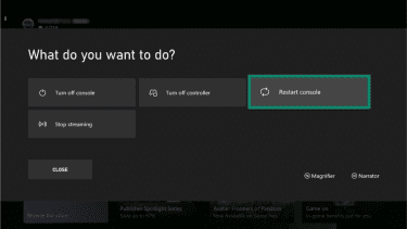 Xbox console menu with the Restart console option highlighted.