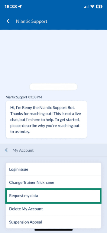 Niantic Support open with Request my data option highlighted