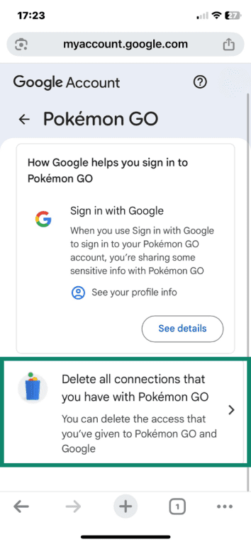 Google Account Pokémon GO link settings with Delete all connections that you have with Pokémon GO highlighted