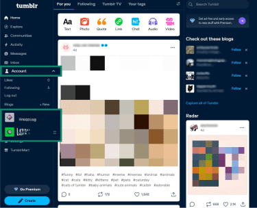 How to access the Tumblr accounts menu