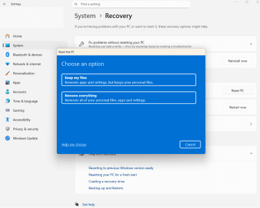 The reset PC window, showing the options to keep the user's files or remove everything.