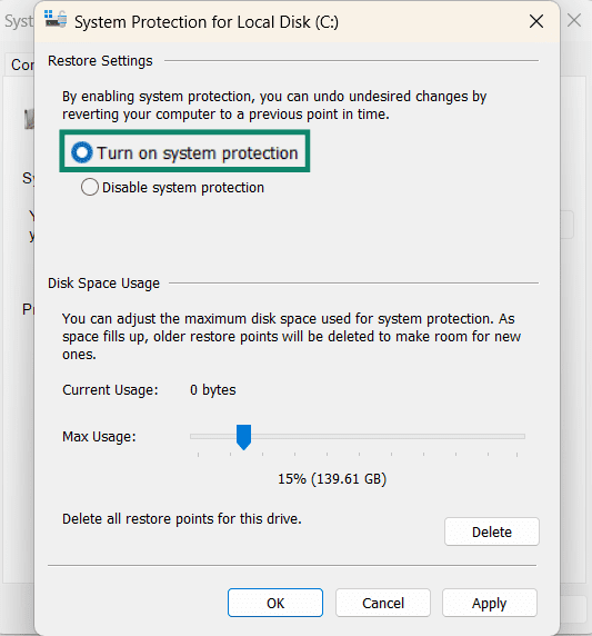 The System Restore window for the local disk drive, showing the option to turn on system protection.