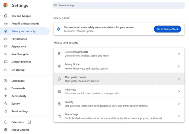 Chrome Privacy and security settings with Third-party cookies highlighted.