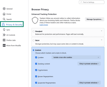 Firefox browser Privacy & Security settings with Privacy & Security highlighted.