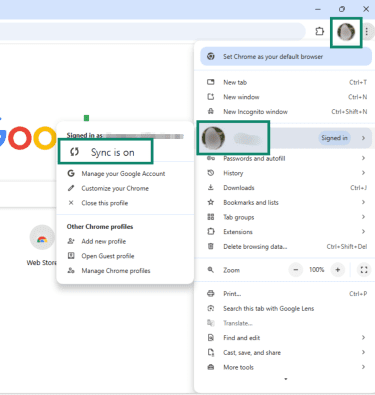 Profile picture and "Sync is on" option highlighted on Google Chrome on Windows.