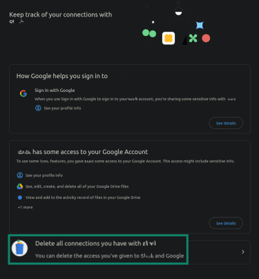 "Delete all connection you have with Slack" option highlighted in the Google account settings.