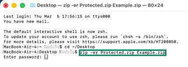 Entering and verifying the password in the MacBook Terminal.