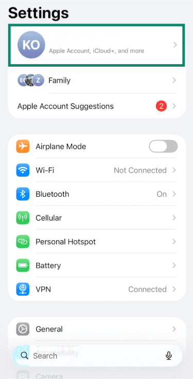 iPhone Settings with Apple Account name section highlighted.